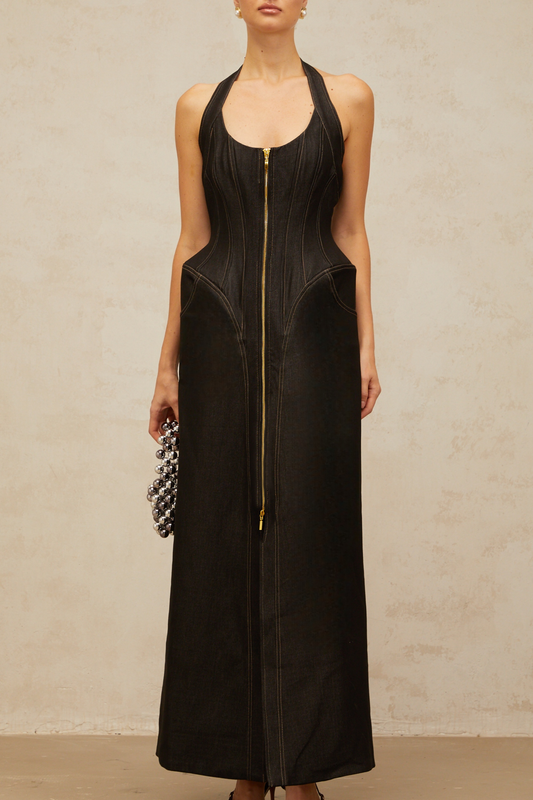 Adrienne black denim front-slit contrast-stitching maxi dress