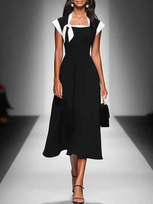 Women's Colorblock Square Neck Cap Shoulder Sleeve Waist Midi Dress MDA2447F4Y