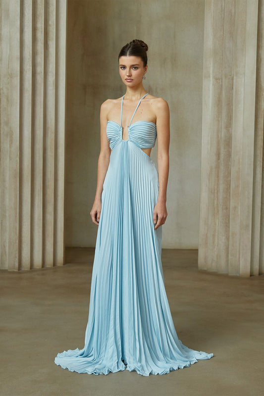 Andréa Blue Pleated Maxi Dress with Cutout Detail