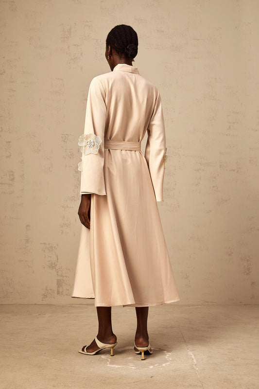 Orane tied floral-applique flared midi dress in Neutrals