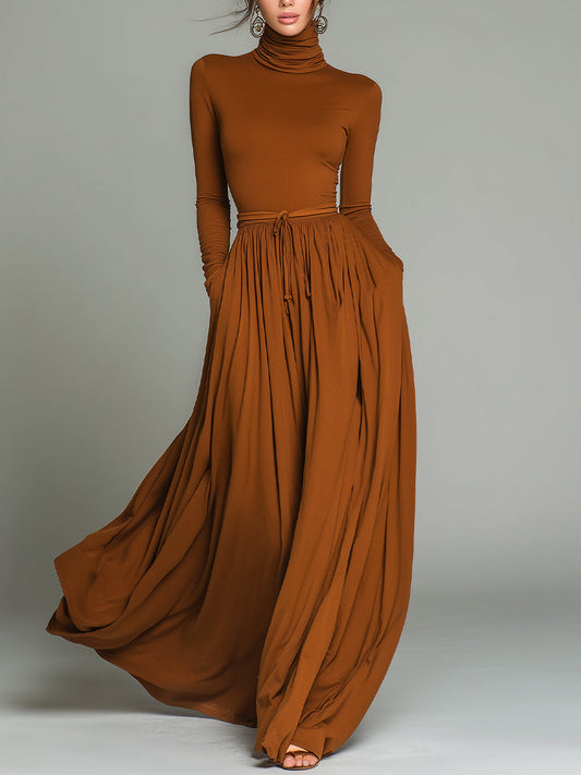 Women's Brown Elegant Stretch Polyester-Cotton Blend Turtleneck Belted Maxi Dress MDA1652J1I