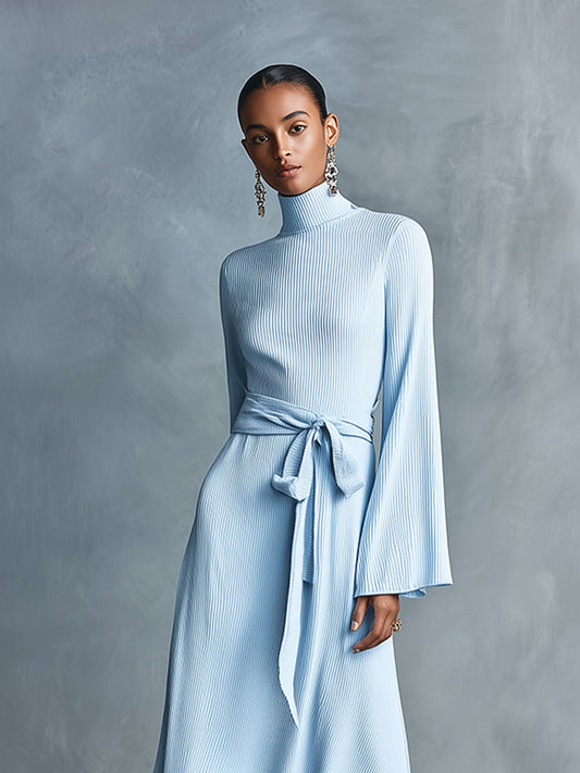 Women's Light Blue Elegant Knit Turtleneck Flared - Sleeve Belted Midi Dress MDA1502J5I