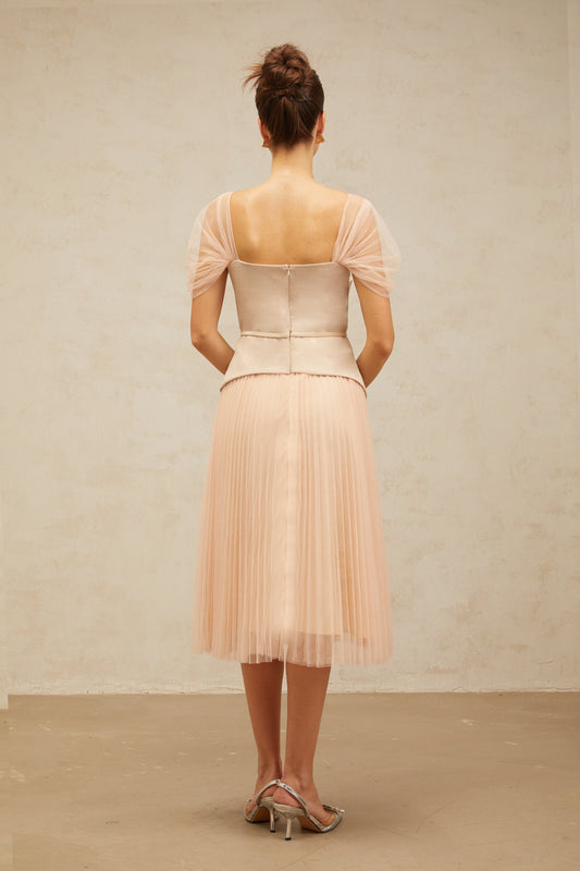 Anaëlle pink-beige flower-embroidered tulle midi dress (US Only)