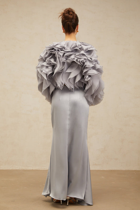 Zelda haze-blue bowknot ruffled blouse & skirt matching set