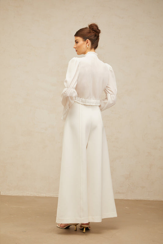 Paulette white bowknot shirred-panel ruffled shirt