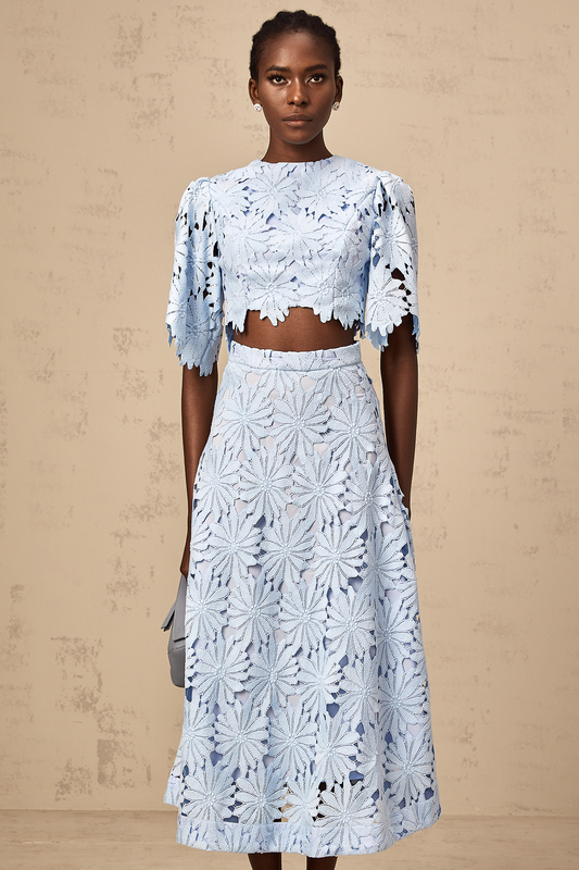 Audrey blue guipure-lace top & skirt matching set