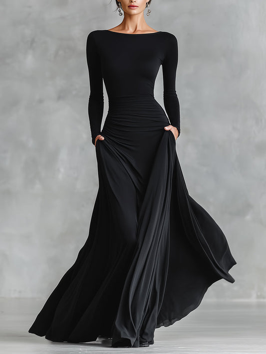 Women's Black Modern Crepe Ruched Boat - Neck Maxi Dress MDA1472J7I