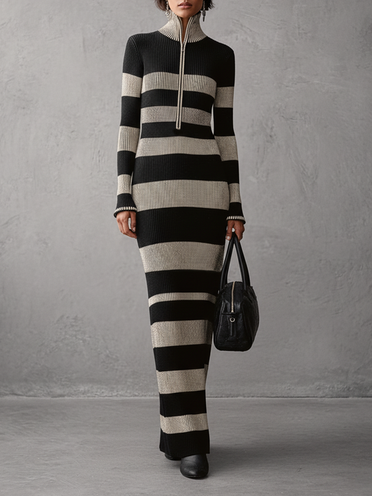 Women's Striped Jacquard Zip-up Neck Knitted Maxi Dress MDA1577J4Y
