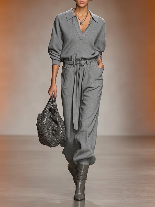 Women's Casual Lapel V-Neck Belt Jumpsuit MDA1123J0Y