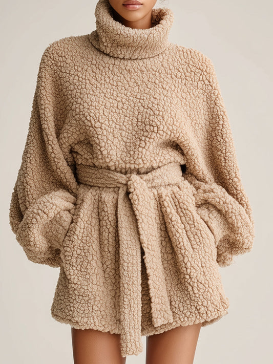 Women's Beige Chic Teddy Turtleneck Belted Mini Dress MDA1764J5I