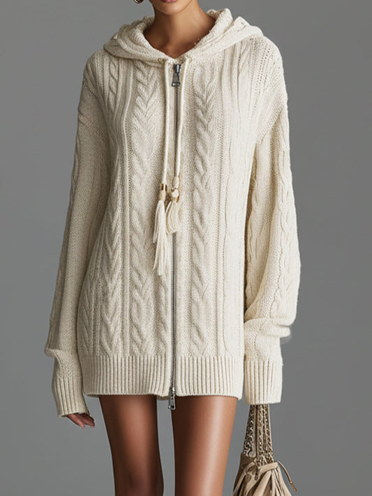 Women's Beige Chic Knit Cable - Knit Hooded Zip - Up Cardigan Mini Dress MDA1477J4I