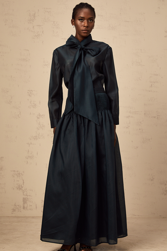 Zoé dark-green ribbon tie-neck shirt & skirt matching set