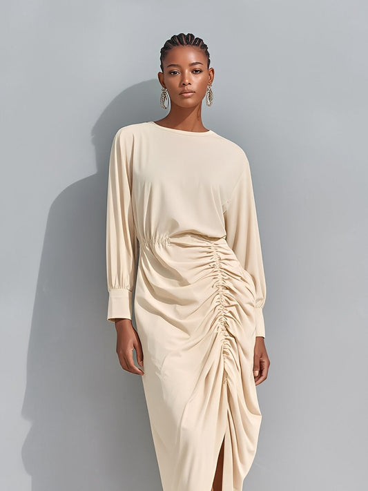 Women's Beige Chic Cotton Blend Ruched Side - Slit Midi Dress MDA1434J1I