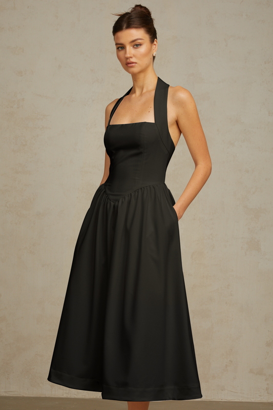 Alizée halterneck pleated midi dress in Black