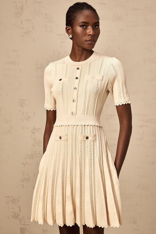 Amélie neutrals pointelle-trim pleated knit mini dress