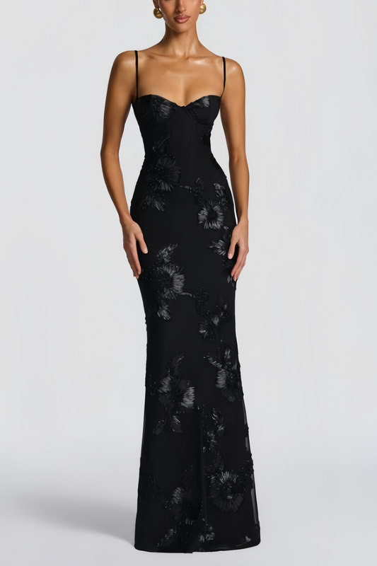 Théoline Black Floral Jacquard Corset Maxi Dress
