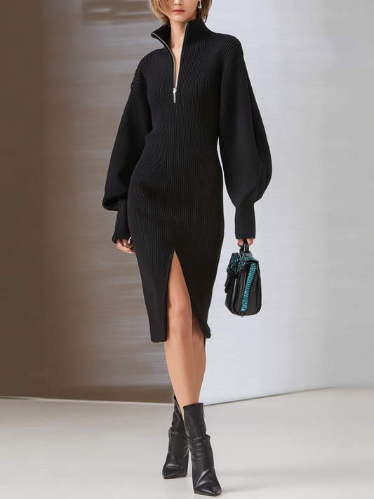 Women's Minimalist Zipper Neck Slit Hem Knitted Midi Dress MDA1161J8Y