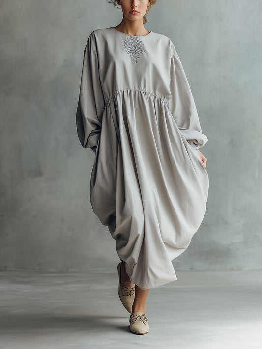 Women's Grey Elegant Cotton - Blend Embroidered Lantern - Sleeve Maxi Dress MDA1068J5I