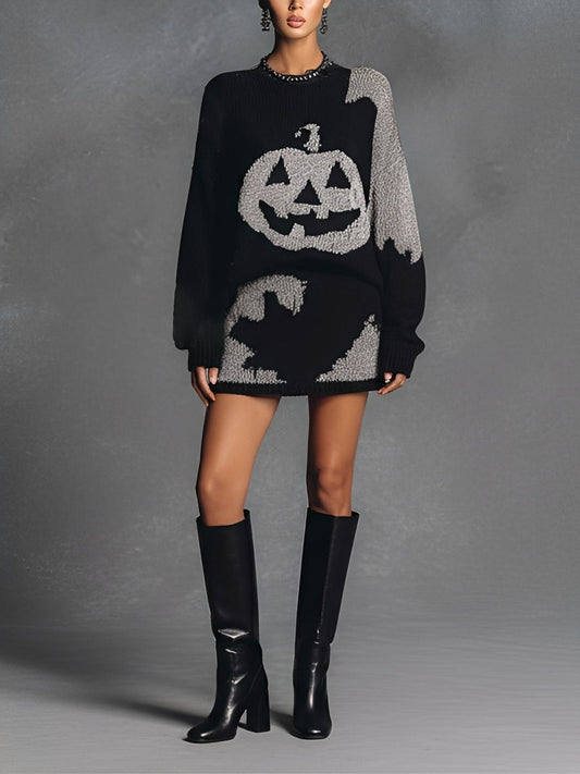 Women's Black - Grey Playful Knit Halloween Pumpkin Graphic Oversized Sweater Dress MDA1759J9I