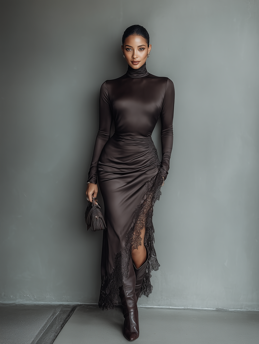 Women's Dark Brown Satin Irregular Hem Lace Slim Maxi Dress MDA0501H1T