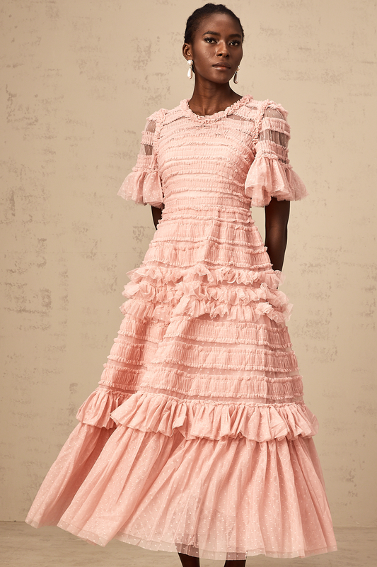 Aimée pink dot-detail ruffled tulle midi dress
