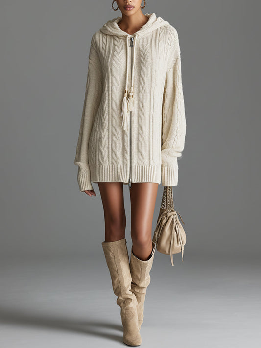 Women's Beige Chic Knit Cable - Knit Hooded Zip - Up Cardigan Mini Dress MDA1477J4I