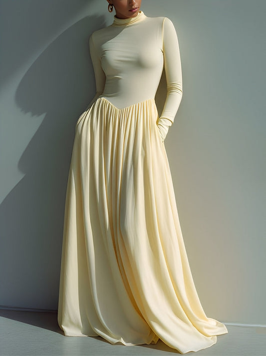 Women's Cream Sophisticated Jersey Turtleneck Pleated Maxi Dress MDA1672J2I