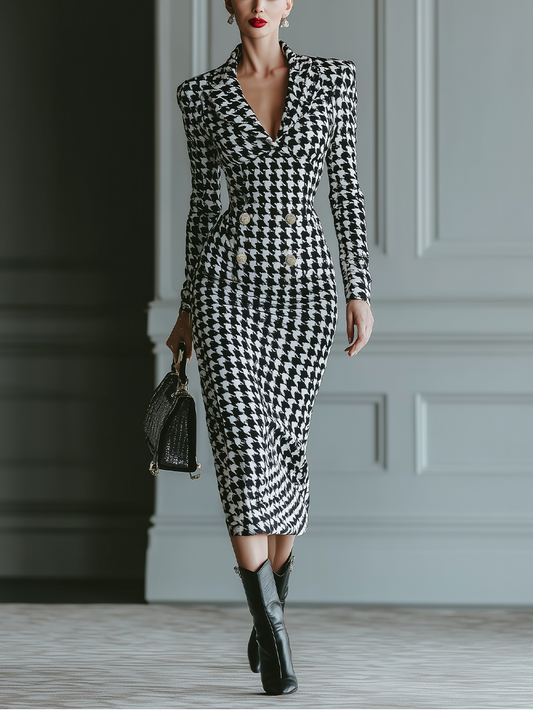 Women's Black And White Houndstooth Wool Blend Lapel Midi Dress MDA1701J8T