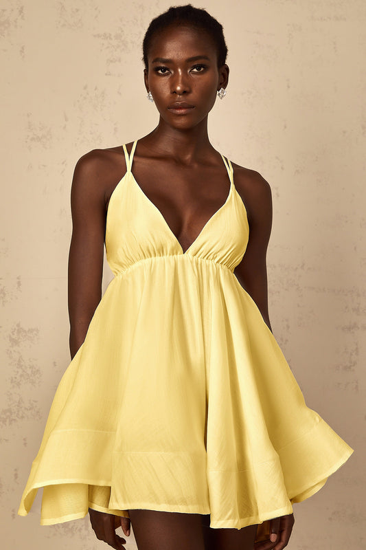 Quincie Yellow Shirred Flounced Mini Dress