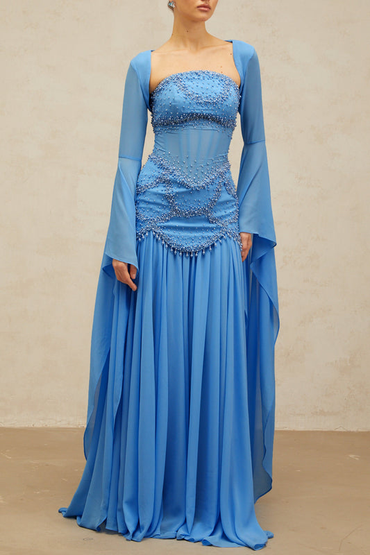 Gaëlle blue faux-pearl-embellished pleated maxi dress