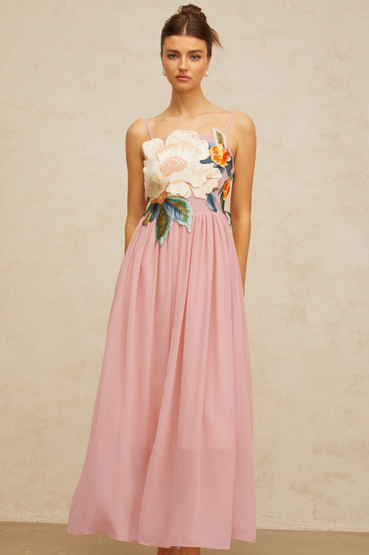 Josette floral-embroidered shirred maxi dress in Pink