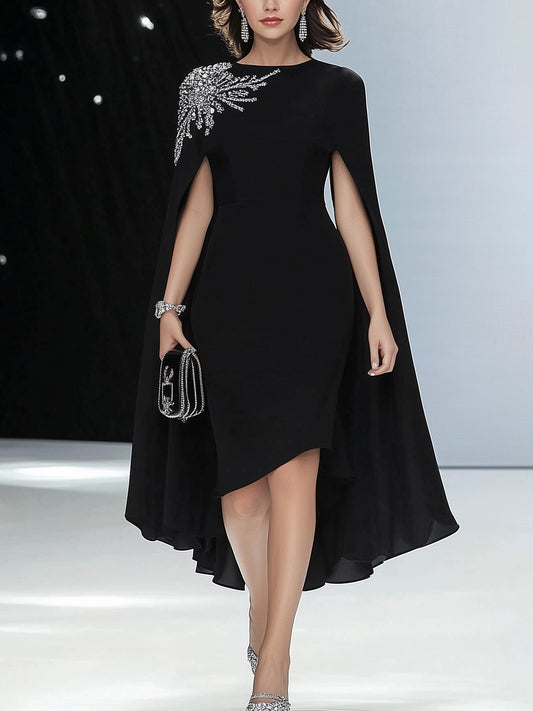 Wome's Elegant Silver Detail Cape Sleeves Midi Dress MDA0267H2I