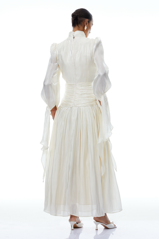 Sarolta Neutral Glossy Ruched Maxi Dress