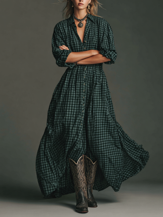 Women's Plaid Long Sleeve Shirt Maxi Dress MDA1241H2Y