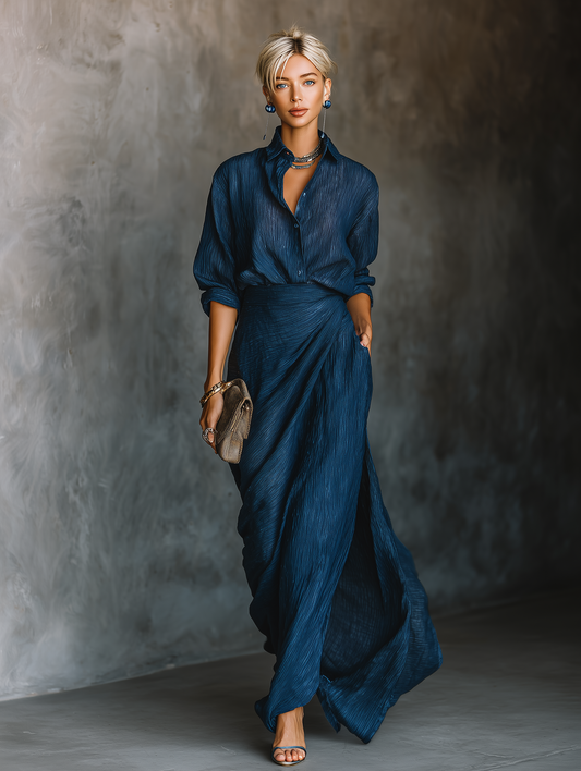 Women's Elegant Dark Blue Textured Pleated Fabric Shirt And Dress Set MDA0665H5T