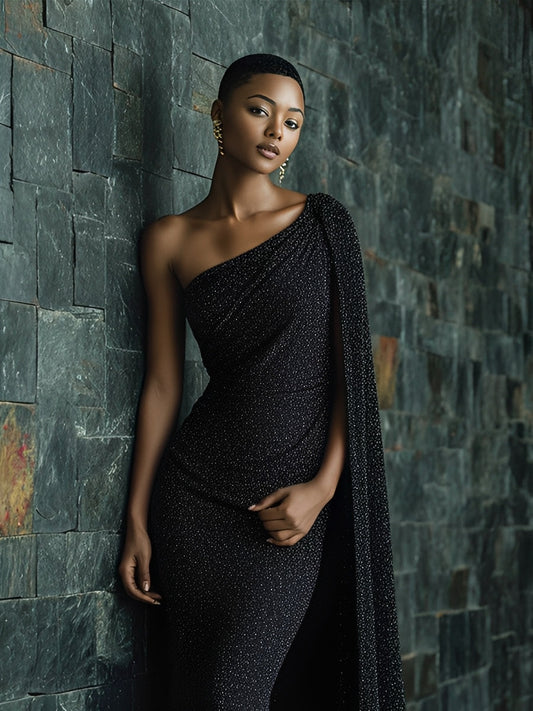 Women's Black Chic Sparkle Stretch Polyester-Cotton Blend One - Shoulder Cape - Detailed Mermaid Gown MDA1757J5I