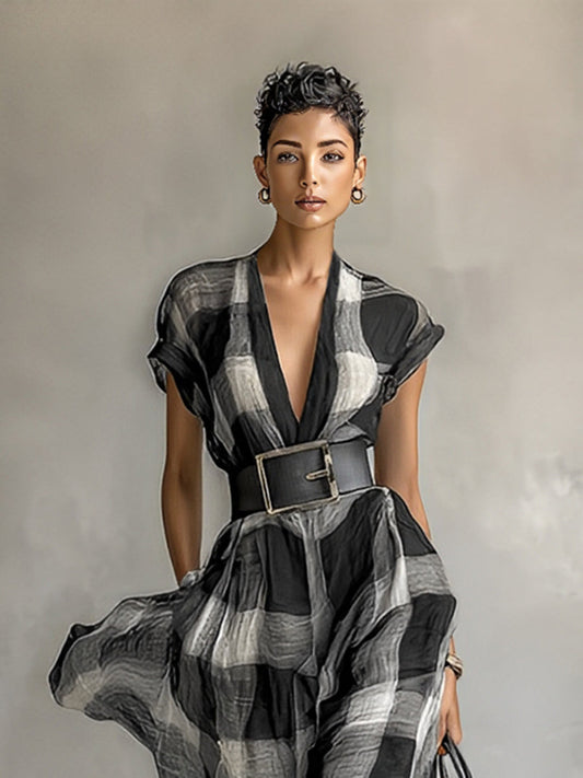 Women's Chiffon Plaid V-neck Cap Sleeve Belt Maxi Dress MDA1915G6Y