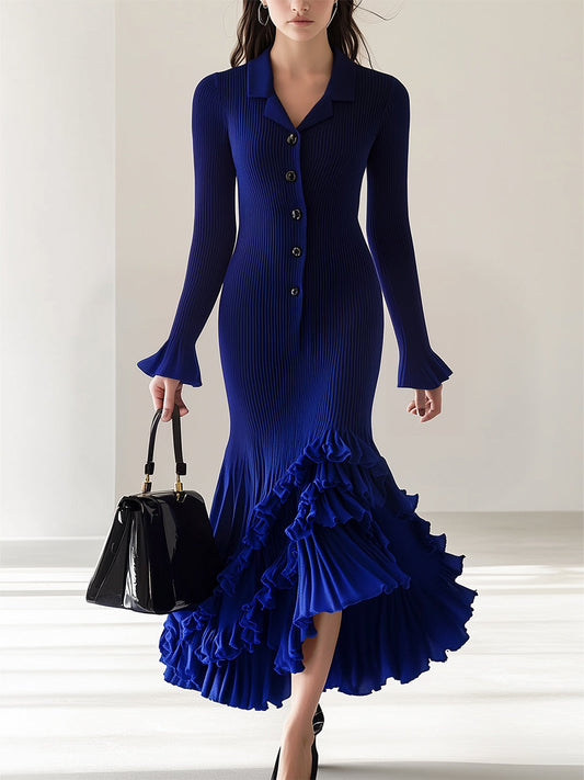 Women's Elegant Royal Blue Knitted Dress With Ruffle Hem Design Maxi Dress MDA0204H6I