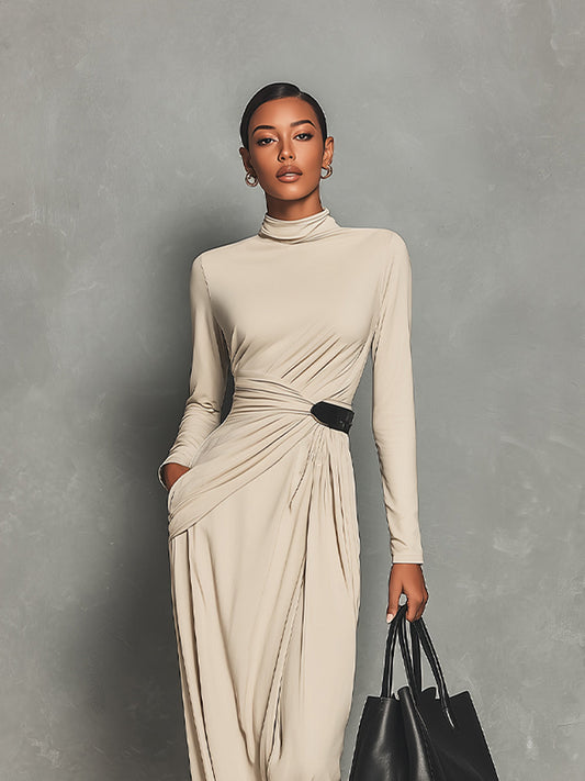 Women's Beige Elegant Jersey Draped Turtleneck Maxi Dress MDA1516J3I