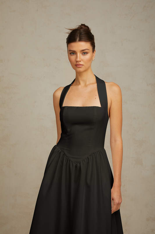 Alizée halterneck pleated midi dress in Black