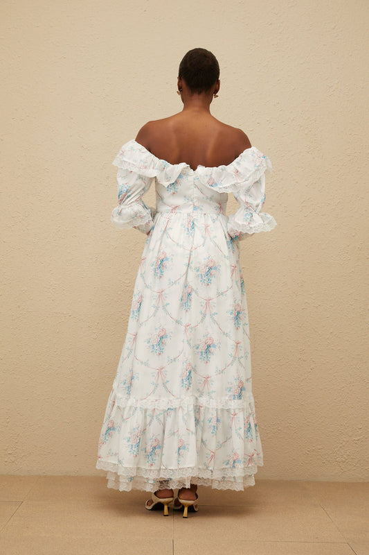 Maxanne White Ruffled Floral Print Maxi Dress