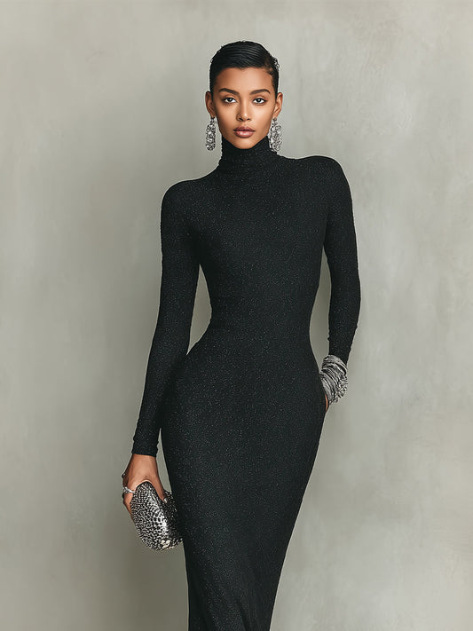 Women's Black Elegant Glitter - Stretch Polyester-Cotton Blend Turtleneck Side - Slit Maxi Party Dress MDA2492I0I