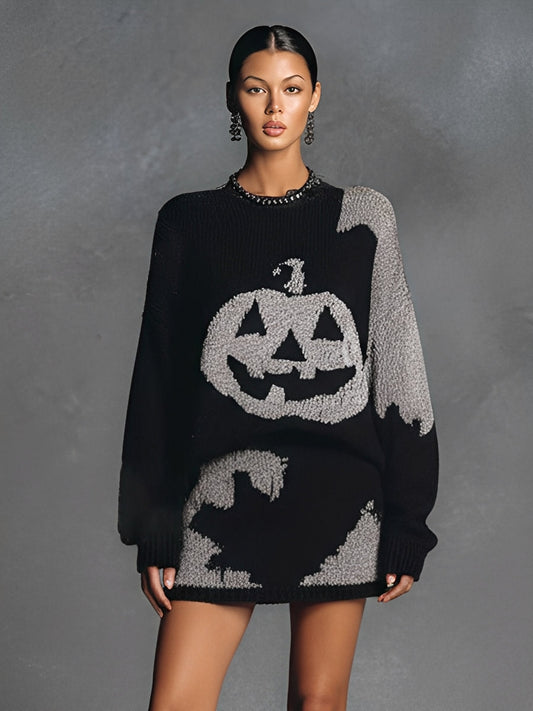Women's Black - Grey Playful Knit Halloween Pumpkin Graphic Oversized Sweater Dress MDA1759J9I