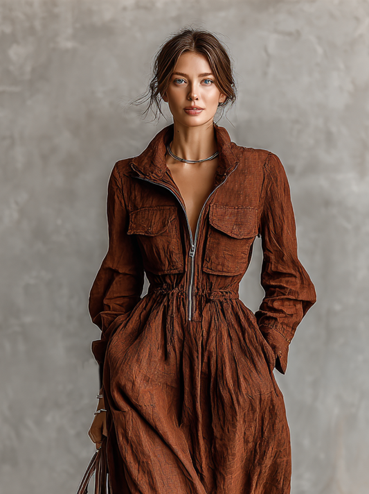 Women's Cotton And Linen Zipper Lapel Elastic Waist Maxi Dress MDA1964H8Y