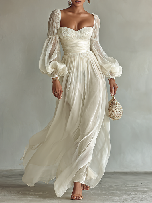 Women's Chiffon Square Neck Long Sleeve Waist Maxi Dress MDA1427G8Y