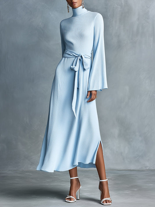 Women's Light Blue Elegant Knit Turtleneck Flared - Sleeve Belted Midi Dress MDA1502J5I