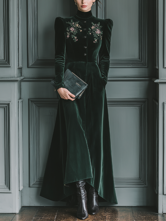Women's Dark Green Velvet High-neck Embroidered Maxi Dress MDA1667J7T