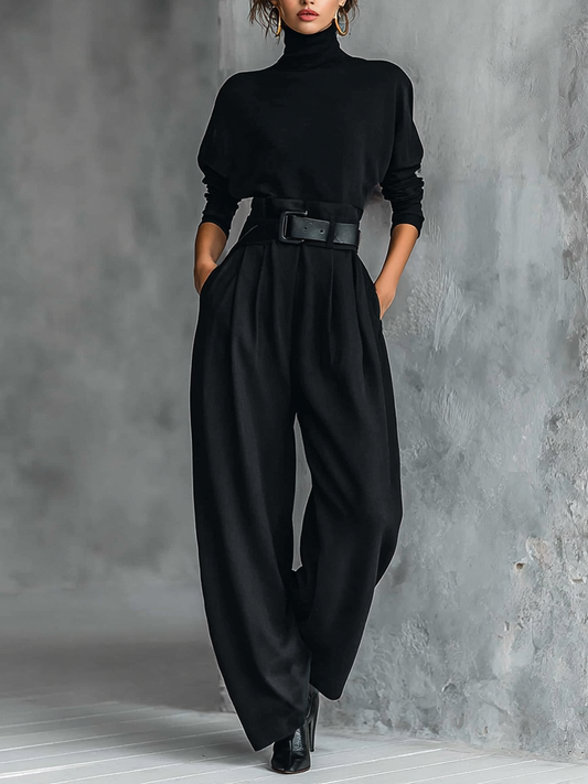 Women's All-black Turtleneck Long-sleeved T-shirt And Straight-leg Pants Two-piece Set (including Belt)MDA3095G6Y