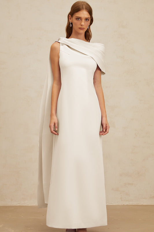 Annabelle White Cape-Design Ribbon Maxi Dress
