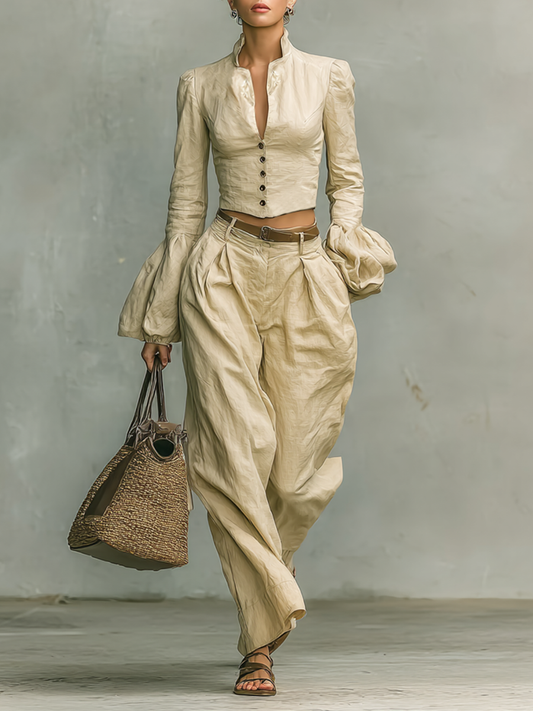 Women's Retro Linen-like Fabric Stand-up Collar Single-breasted Shirt Trousers Two-piece Set MDA2423G7Y
